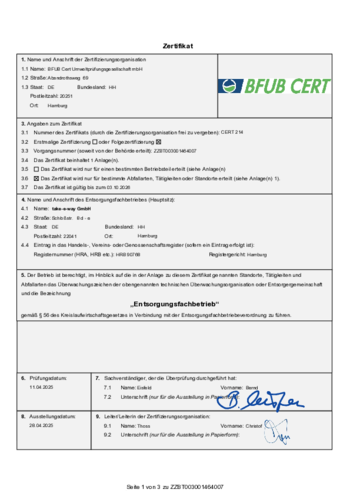 certificate specialised waste management company (DE)