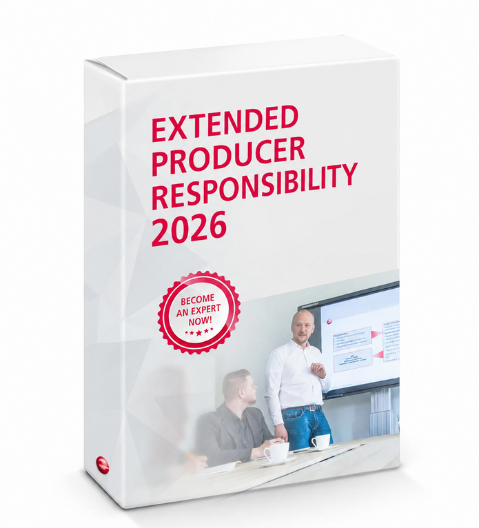 Produktbox „Extended Producer Responsibility 2026“ mit Präsentationsszene und Siegel „Become an expert now!“